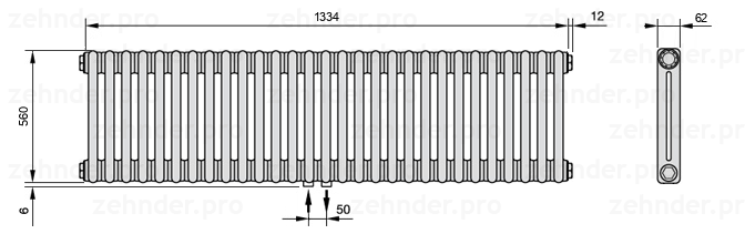 Схема (чертеж) Радиатор Zehnder Charleston 2056/29 №3470 Белый глянцевый RAL 9016